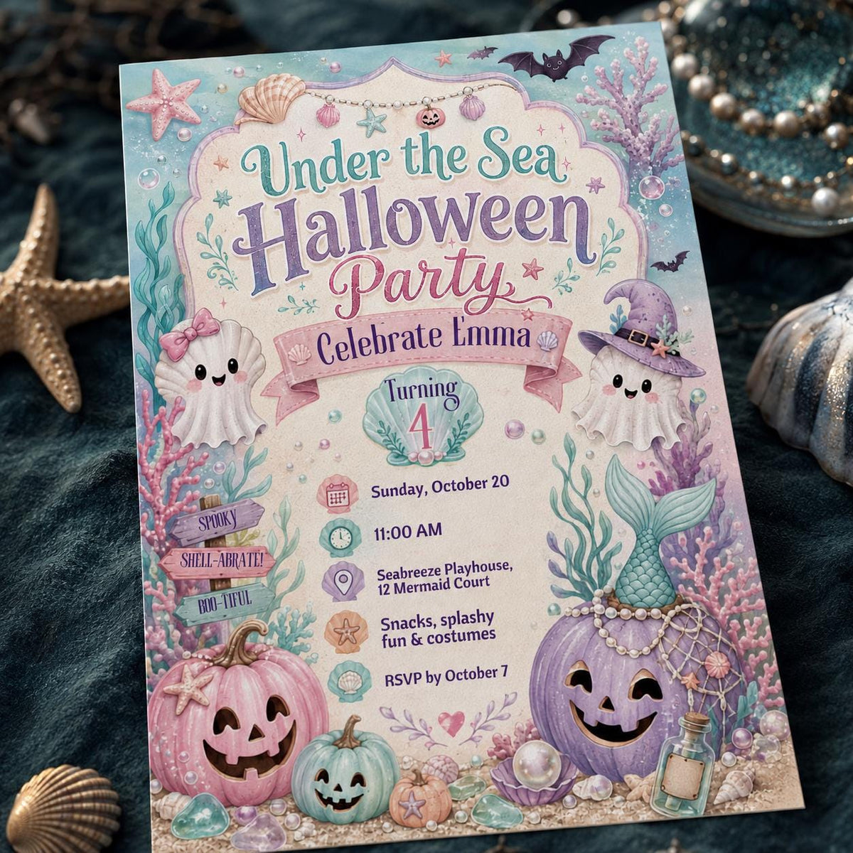 Mermaid Under the Sea Halloween 4th Birthday Invitation — digital invitation, instant download