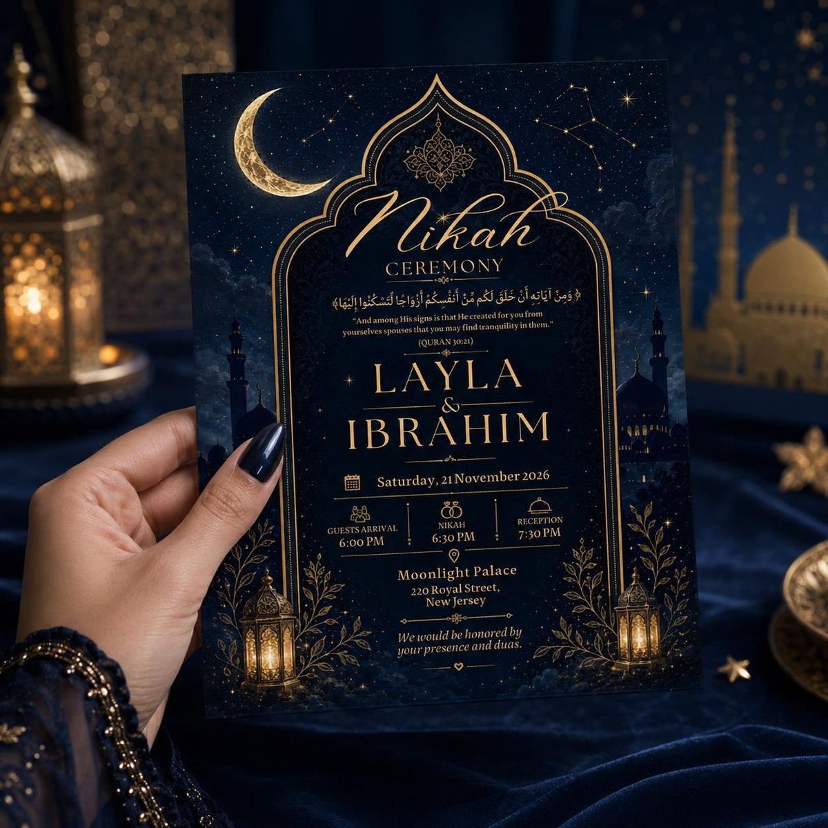 Midnight Blue Celestial Nikah Invitation — lantern artwork in gold and navy