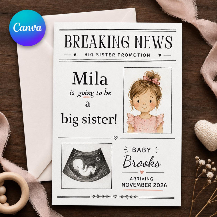 Minimal Big Sister Newspaper Pregnancy Announcement