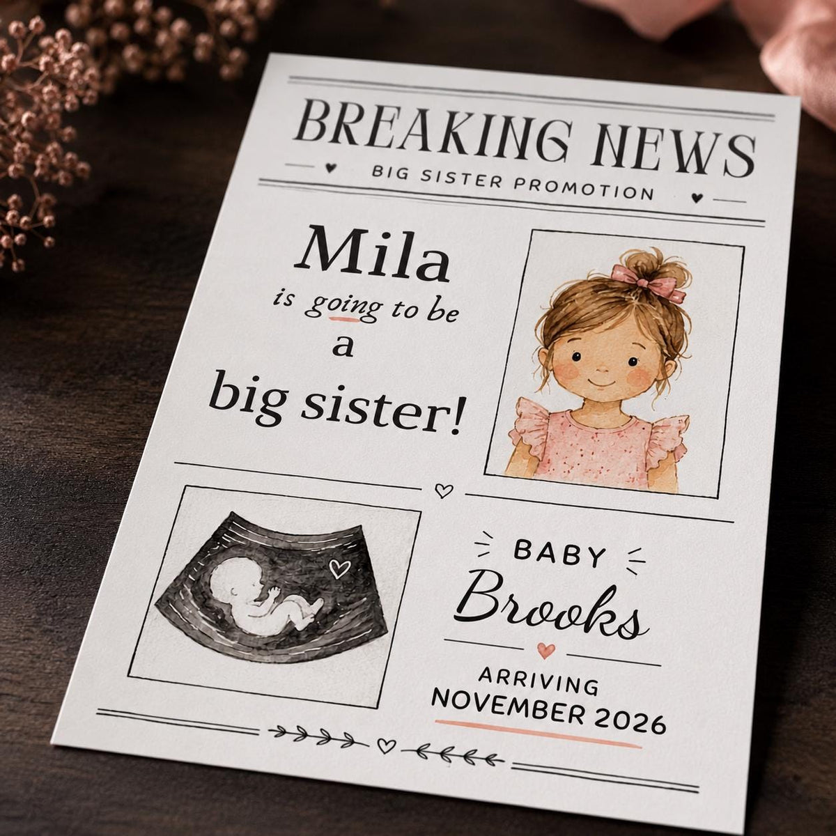 Minimal Big Sister Newspaper Pregnancy Announcement — print-ready baby reveal design from VoltBy