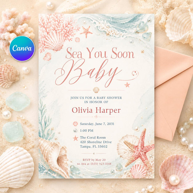 Minimal Coral Sea You Soon Baby Shower Invitation