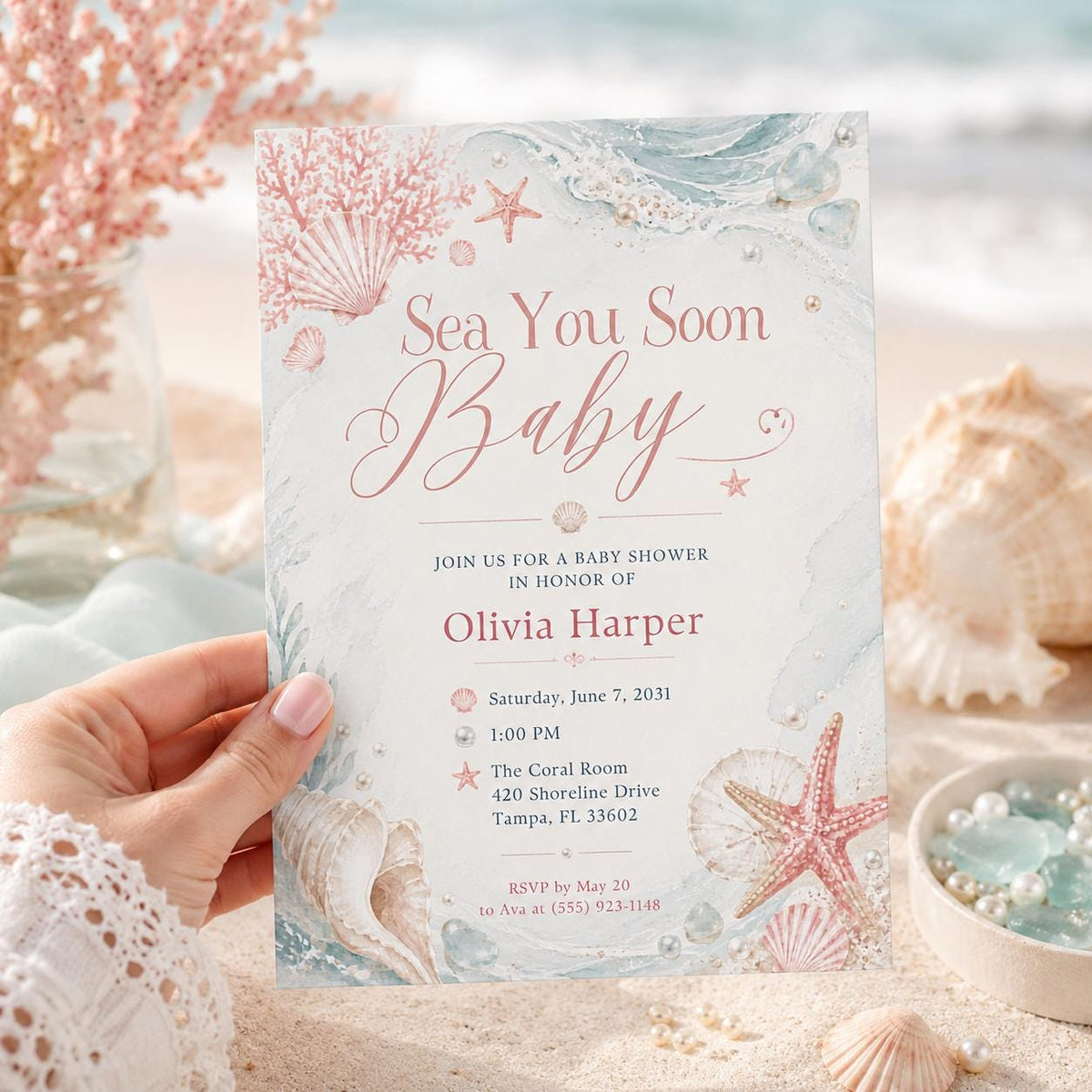 Minimal Coral Sea You Soon Baby Shower Invitation — rose and space artwork in pink and teal