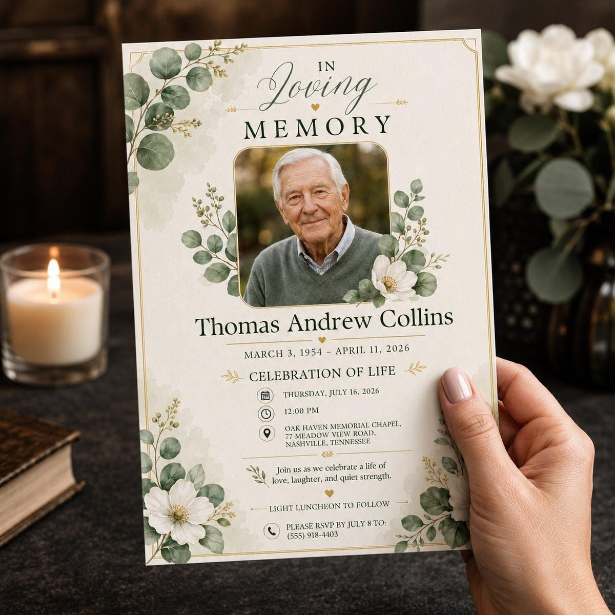 Minimalist Floral Celebration of Life Invitation — digital invitation, instant download