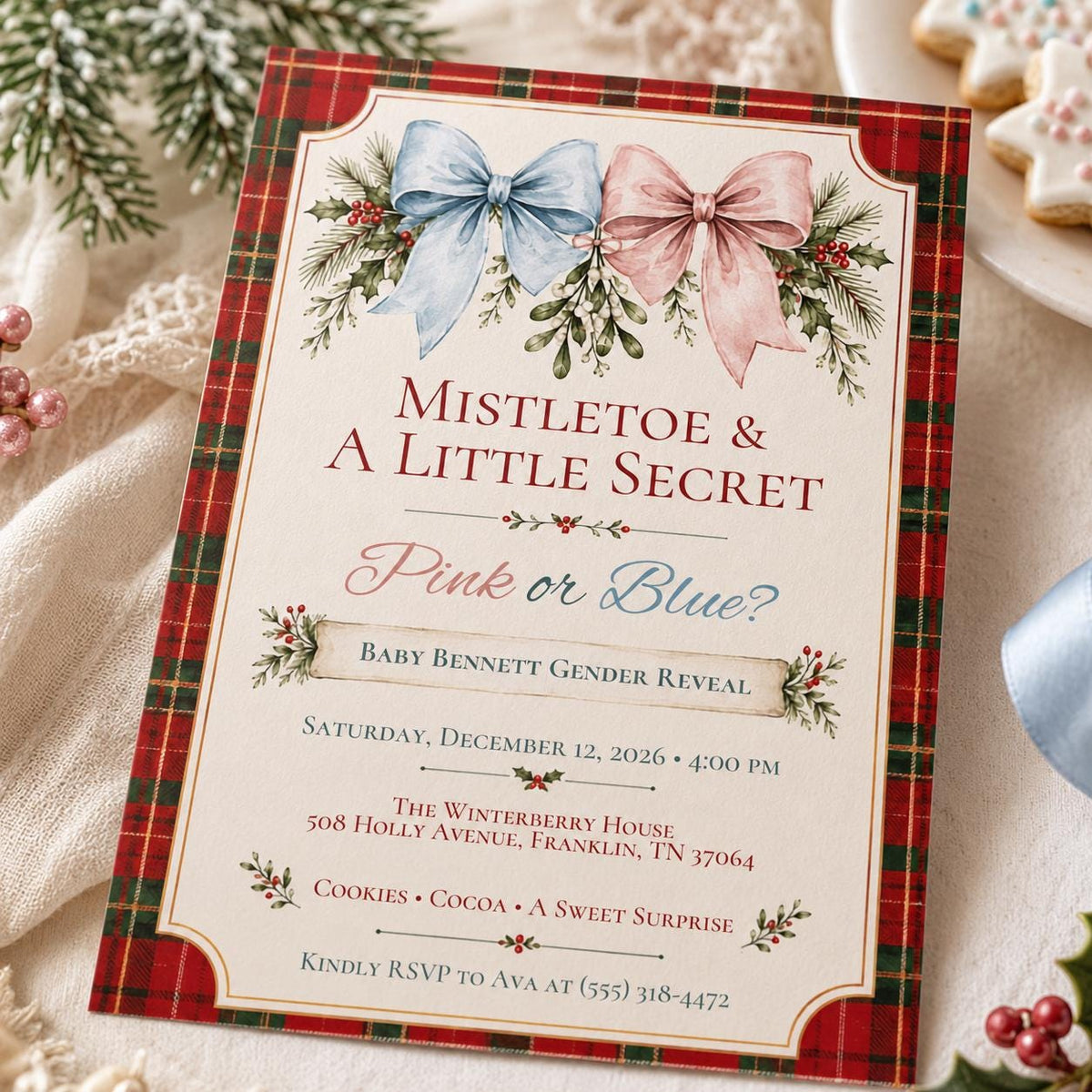 Mistletoe and a Little Secret Christmas Gender Reveal Invitation — bow artwork in cream green
