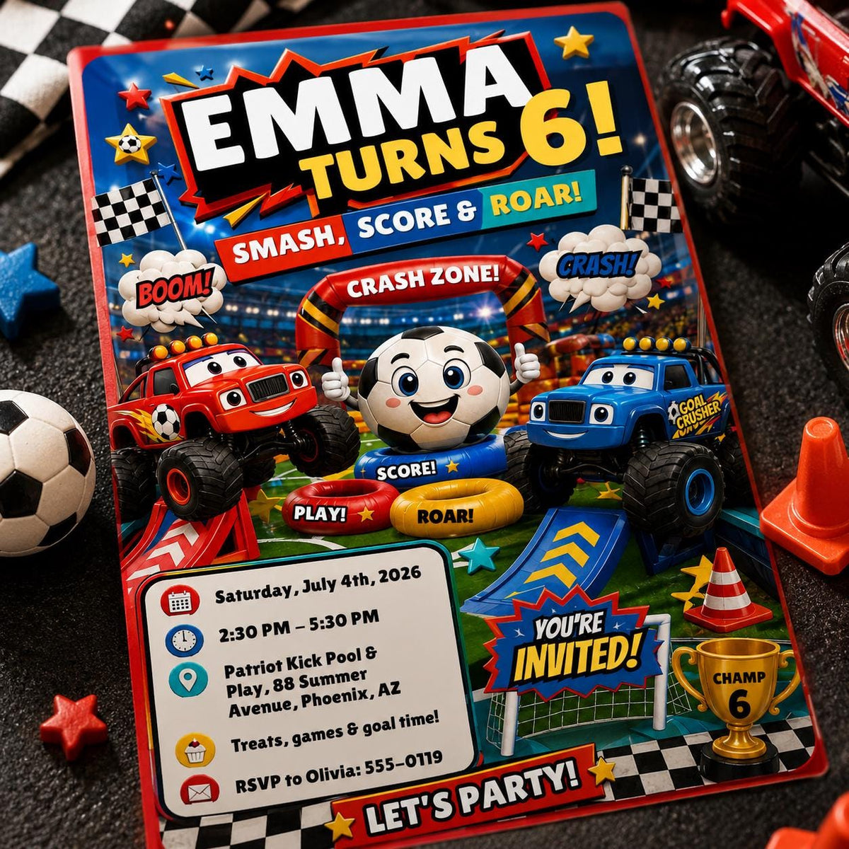 Monster Truck Smash Score And Roar 6th Birthday Invitation — digital invitation, instant download