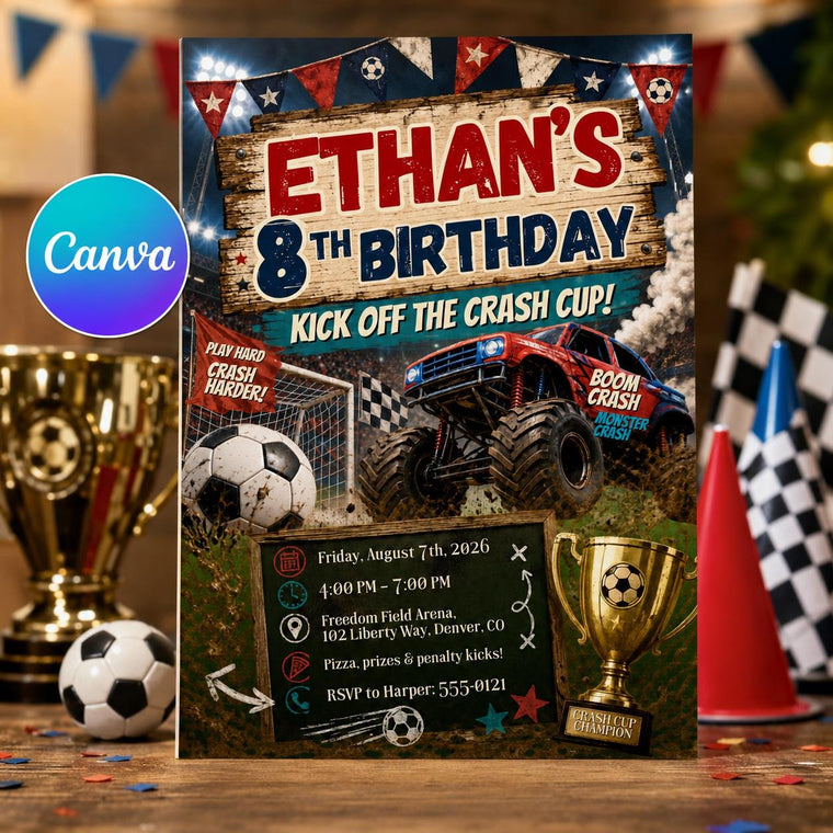Monster Truck Soccer 8th Birthday Invitation