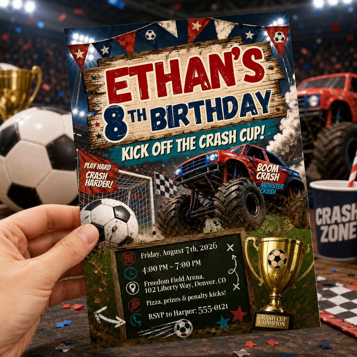 Monster Truck Soccer 8th Birthday Invitation — 8th birthday party stationery by VoltBy