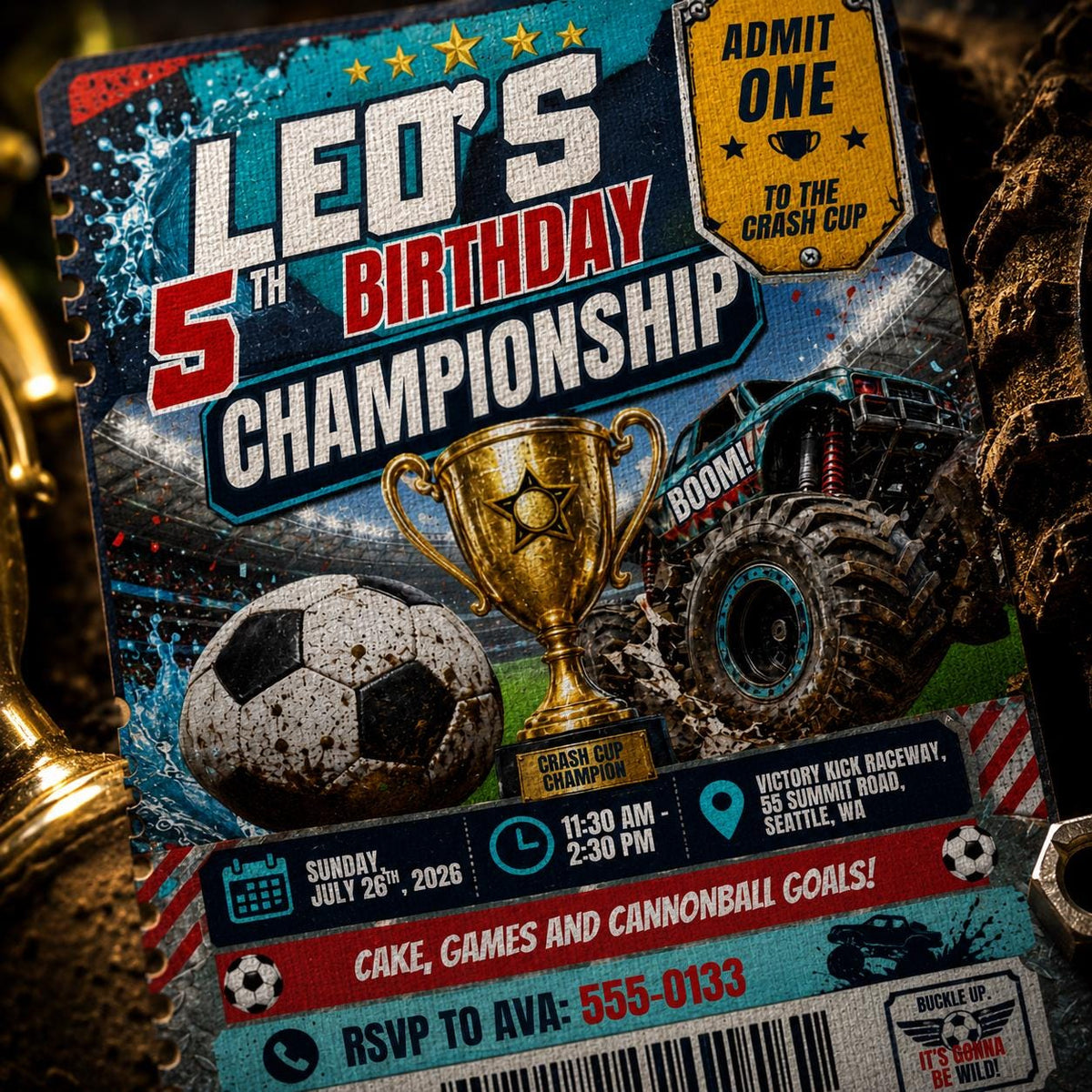 Monster Truck Soccer Ticket 5th Birthday Invitation — 5th birthday party stationery by VoltBy