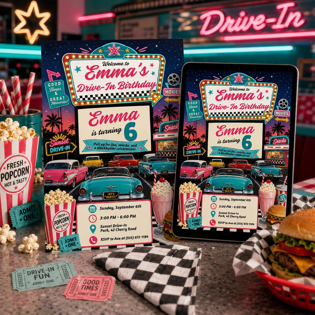 Movie Retro Drive In Birthday Invitation — birthday party stationery by VoltBy