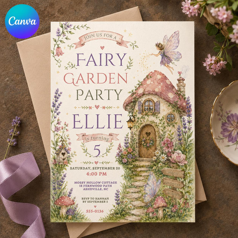 Mushroom Fairy Garden 5th Birthday Invitation