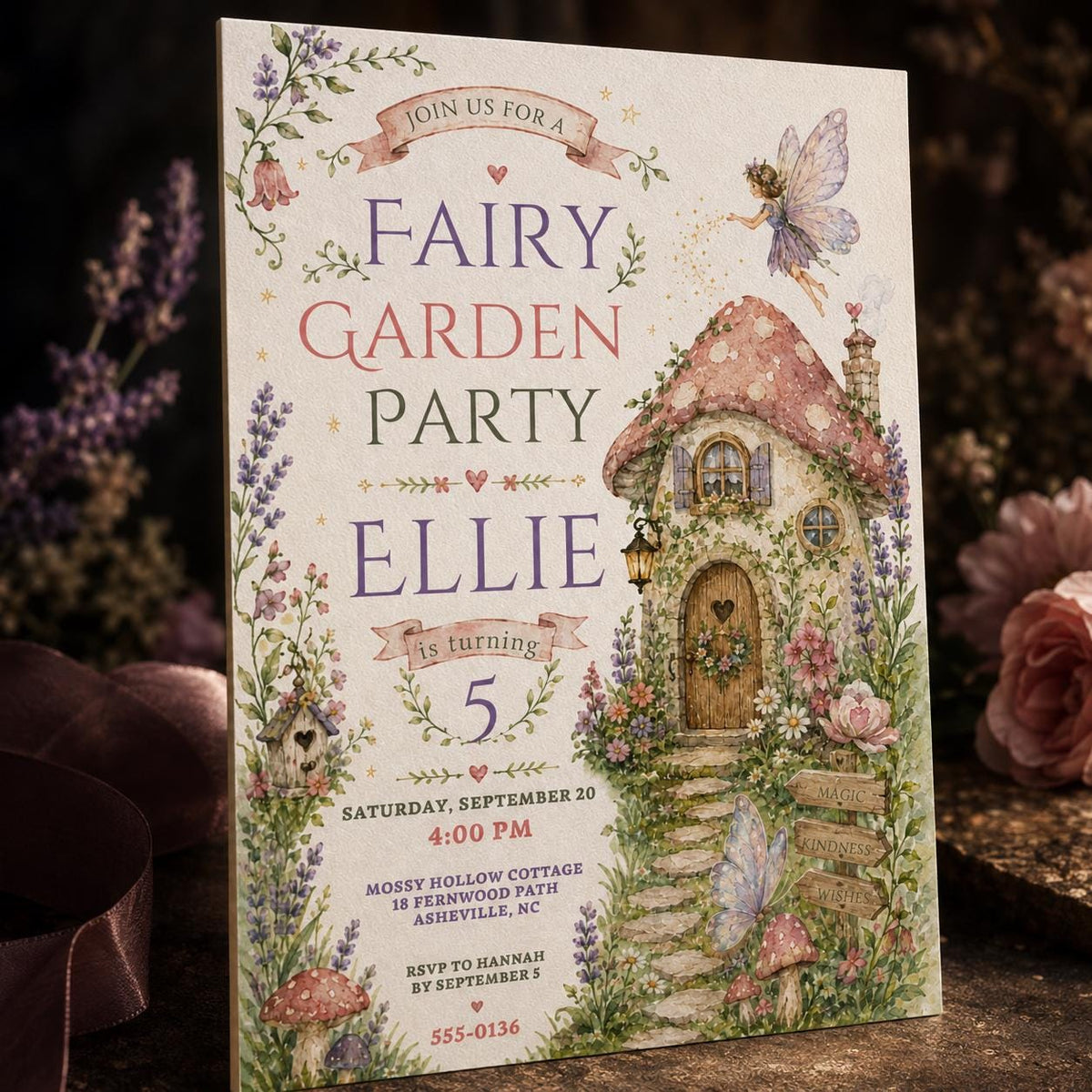 Mushroom Fairy Garden 5th Birthday Invitation — 5th birthday party stationery by VoltBy