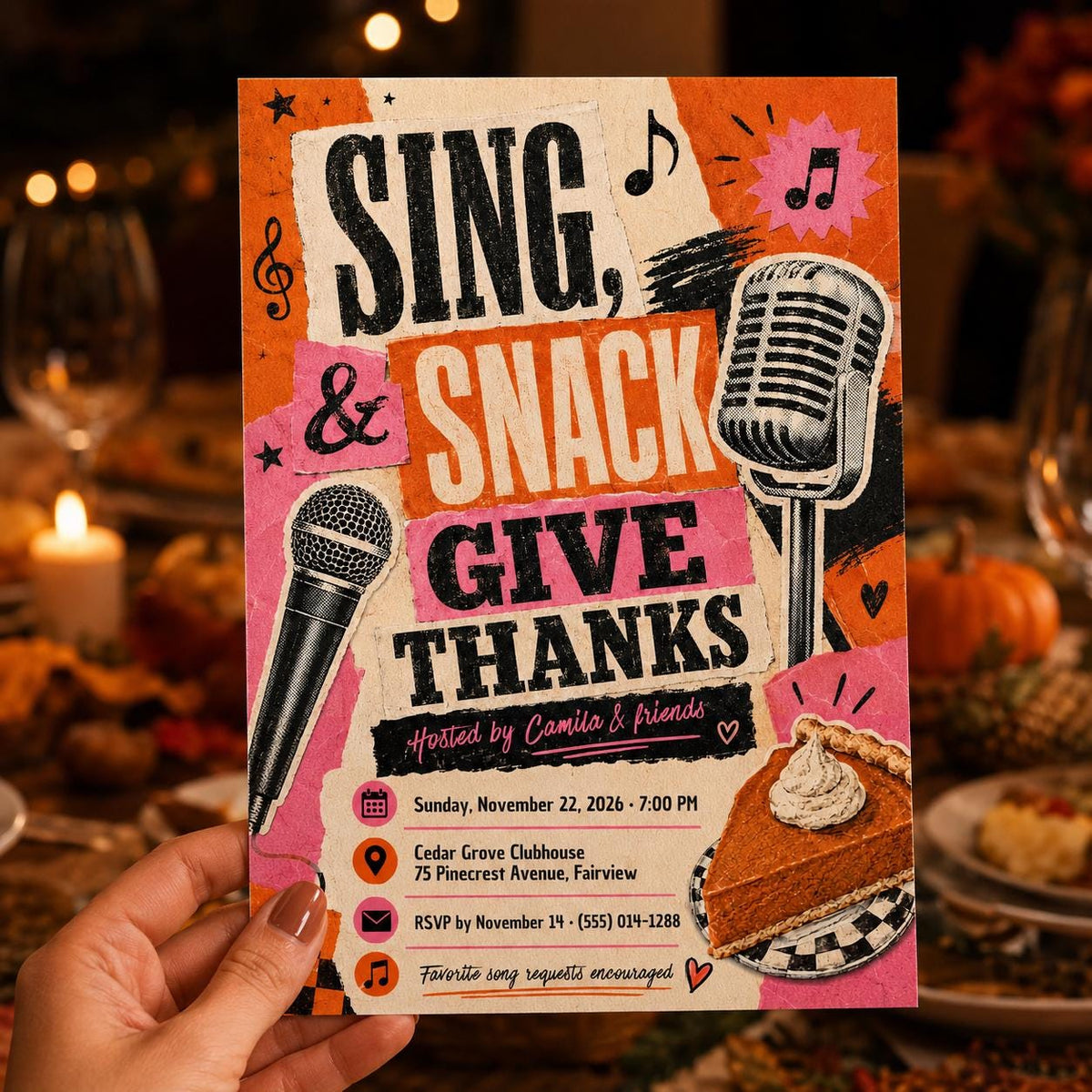 Music Thanksgiving Karaoke Party Invitation — Thanksgiving gathering stationery by VoltBy