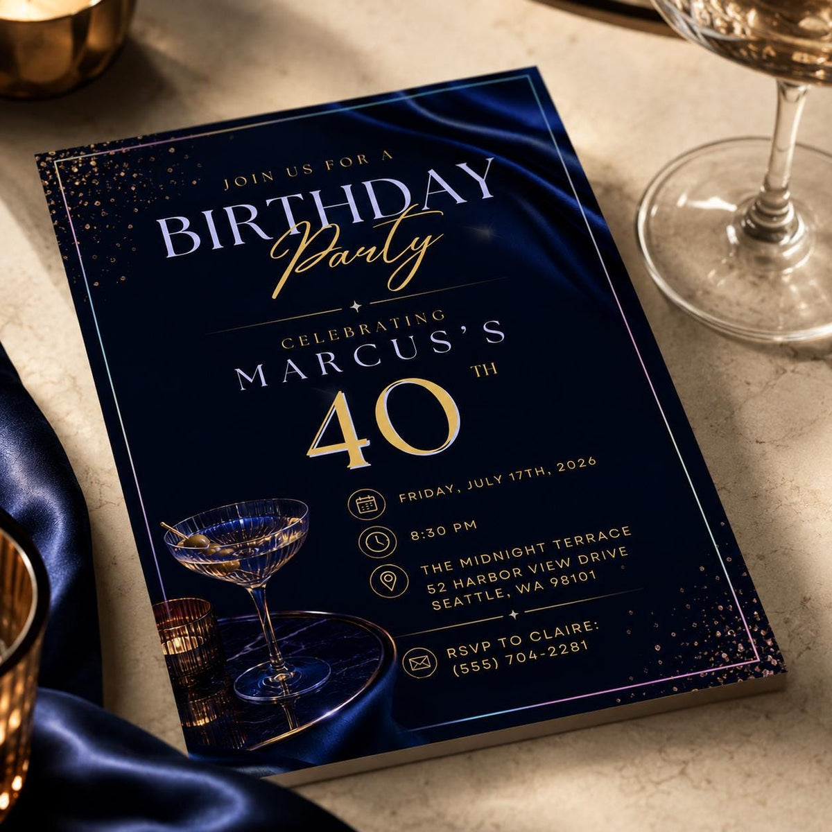 Navy and Blue 40th Birthday Invitation — elegant 40th birthday party design