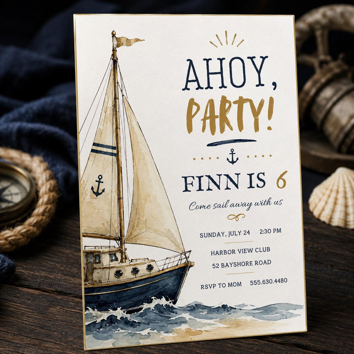 Navy and Blue Nautical 6th Birthday Invitation — digital invitation, instant download
