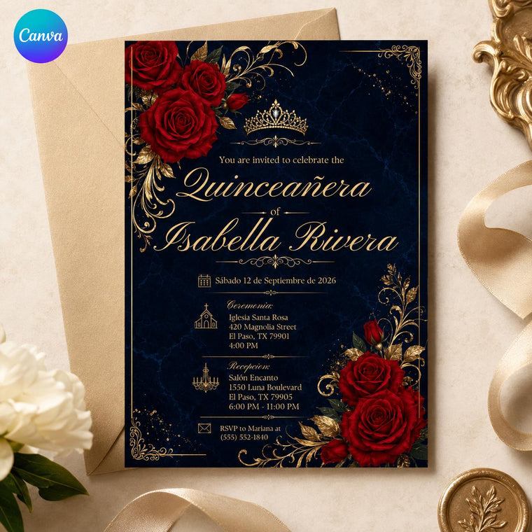 Navy and Blue Quinceañera Invitation in Spanish