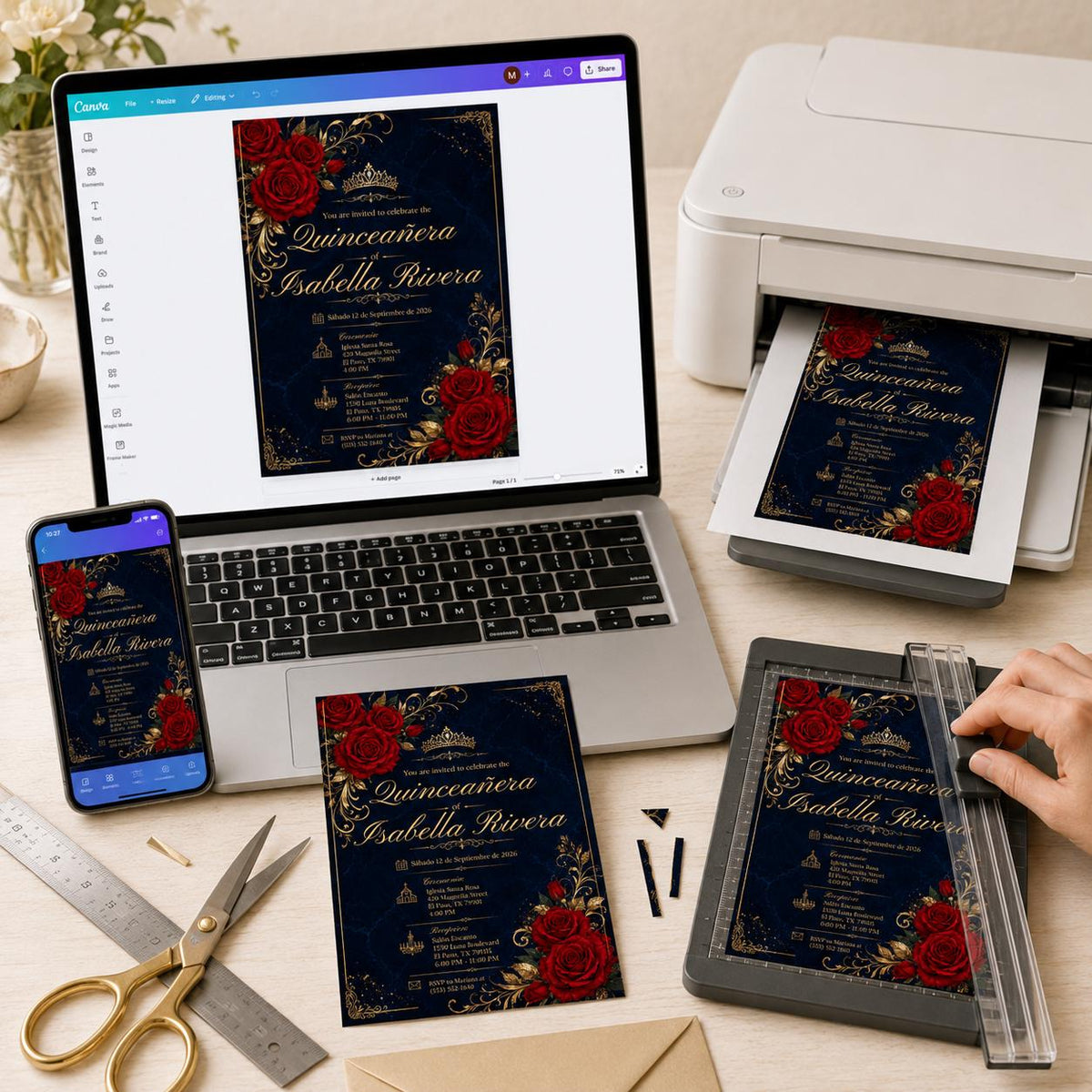 Navy and Blue Quinceañera Invitation in Spanish — print-ready quinceañera design from VoltBy
