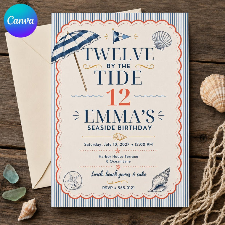 Navy and Coral Seaside 12th Birthday Invitation for Girls