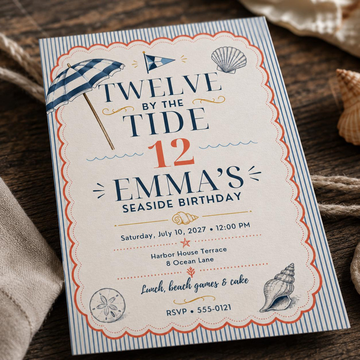 Navy and Coral Seaside 12th Birthday Invitation for Girls — digital invitation, instant download