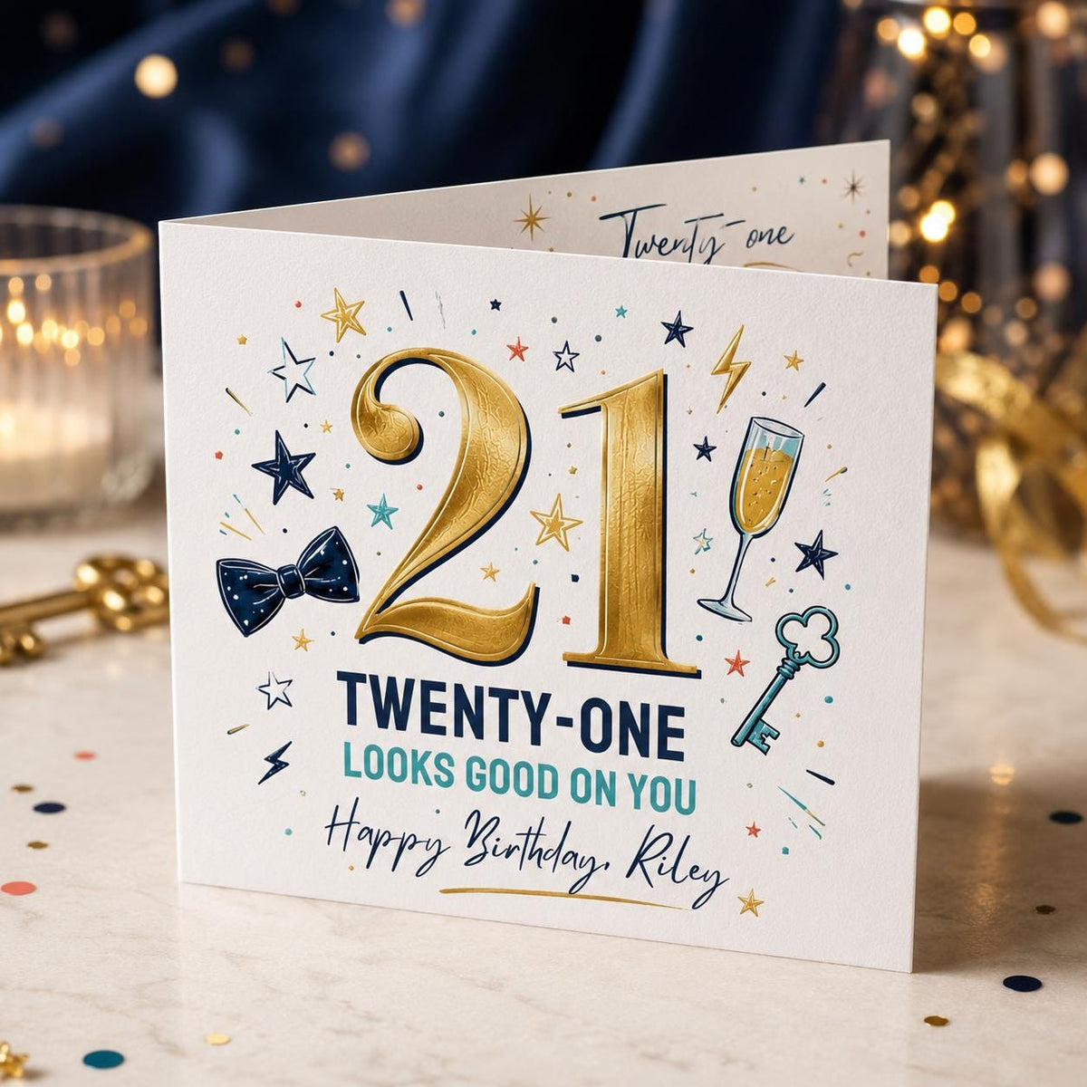 Navy and Gold 21st Birthday Greeting Card — 21st birthday party stationery by VoltBy