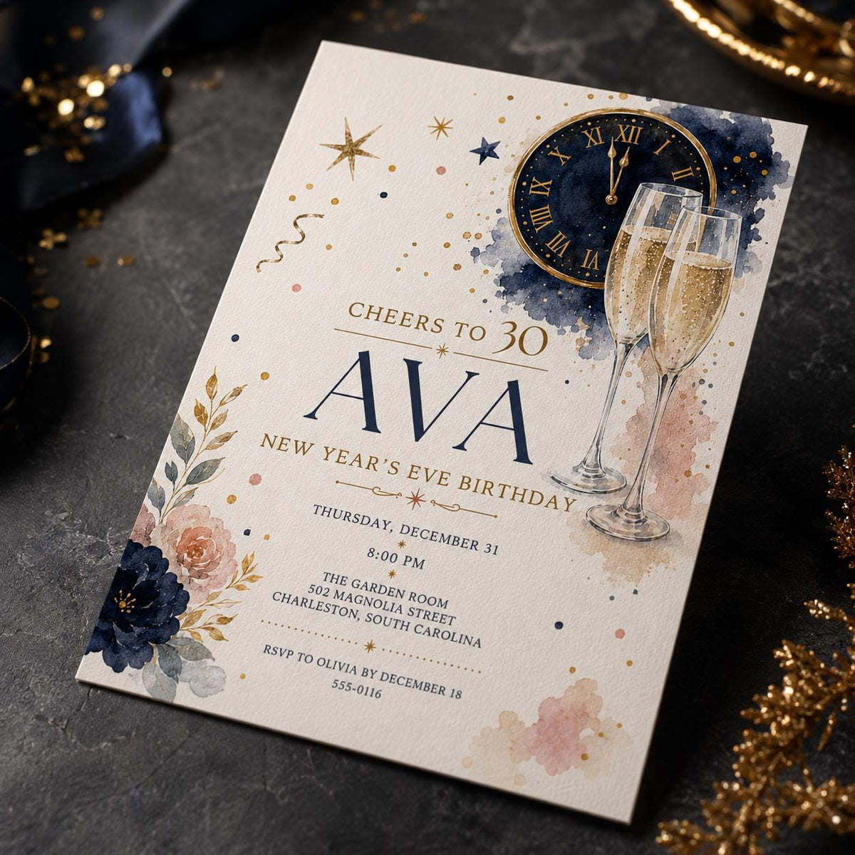 Navy and Gold 30th Birthday New Year's Eve Invitation — 30th birthday party stationery by VoltBy