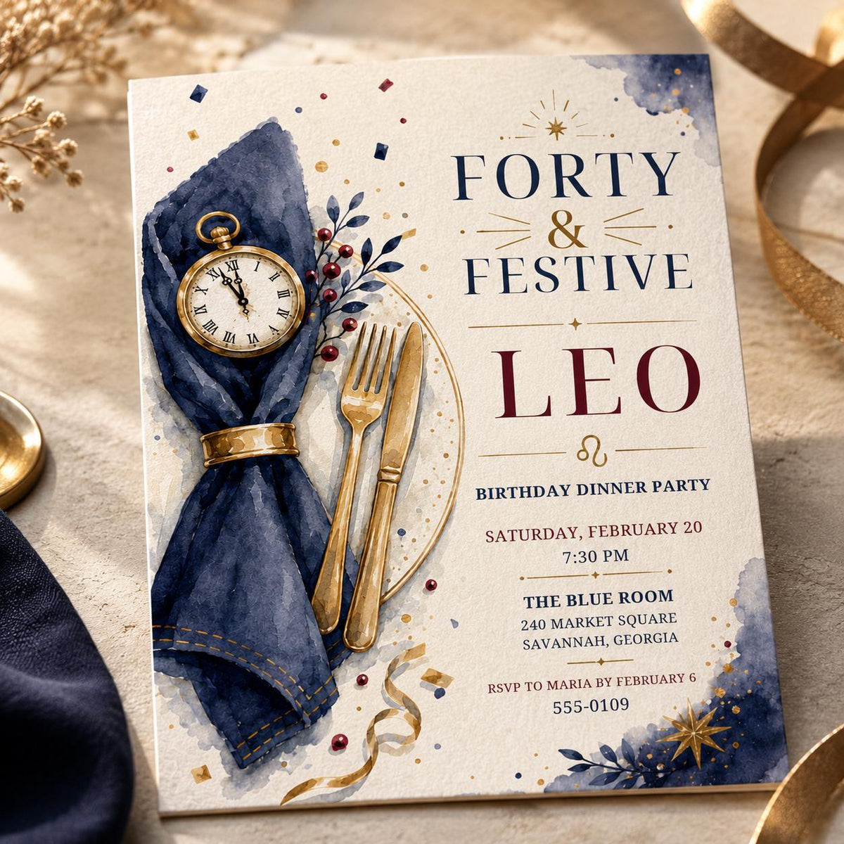 Navy and Gold 40th Birthday Dinner Invitation — print-ready 40th birthday party design from VoltBy
