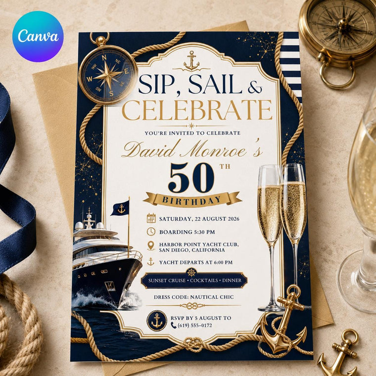 Navy and Gold 50th Birthday Yacht Invitation