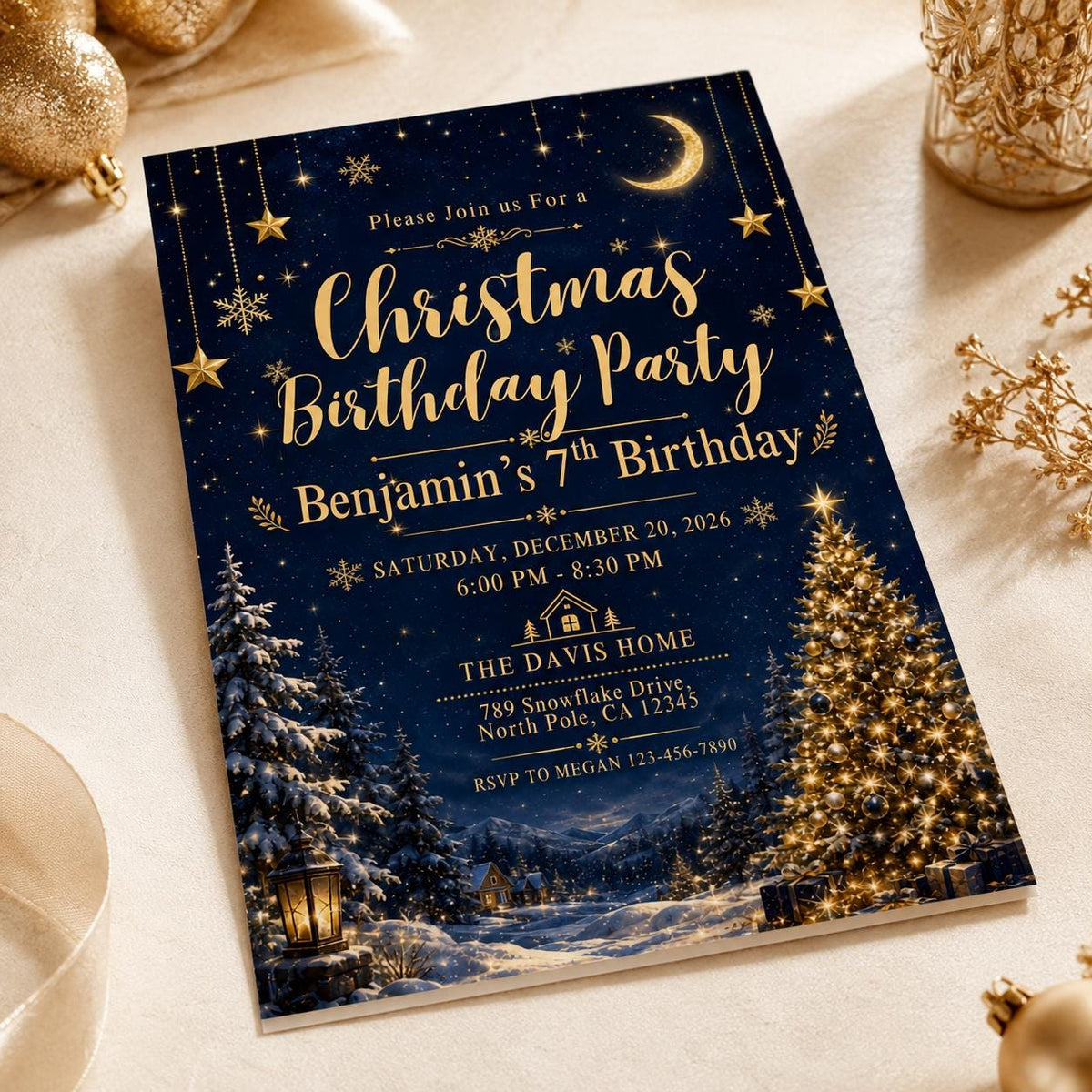 Navy and Gold Christmas 7th Birthday Invitation — print-ready 7th birthday party design from VoltBy