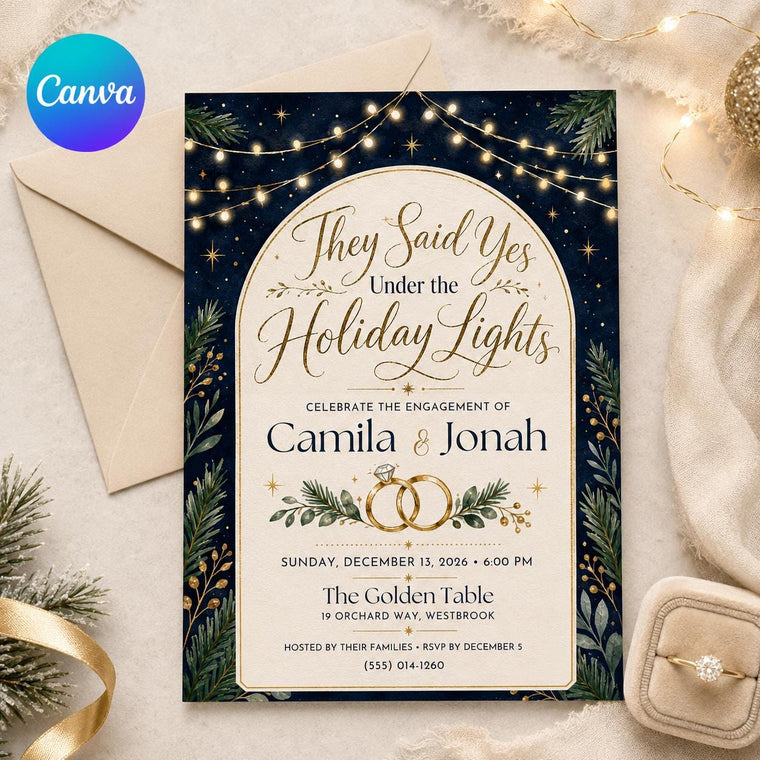 Navy and Gold Christmas Engagement Party Invitation