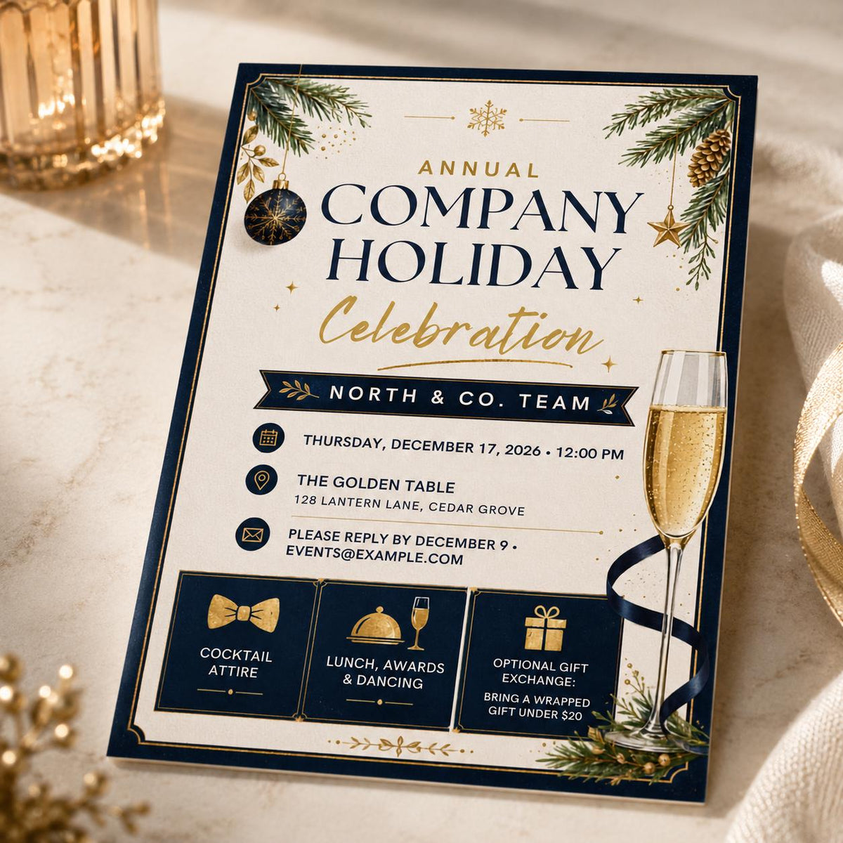Navy and Gold Company Holiday Party Invitation — Christmas celebration stationery by VoltBy