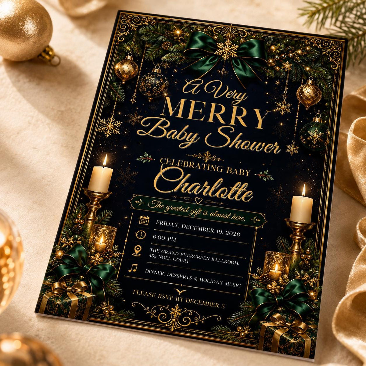 Navy and Green Christmas Baby Shower Invitation — print-ready baby shower design from VoltBy