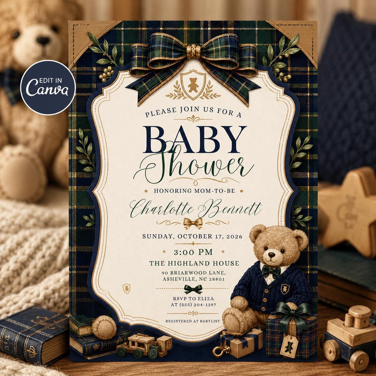 Navy and Green Teddy Bear Baby Shower Invitation for Boys