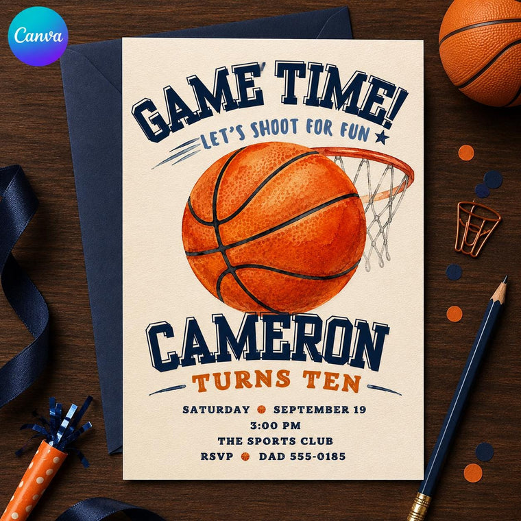 Navy and Orange Basketball 10th Birthday Invitation