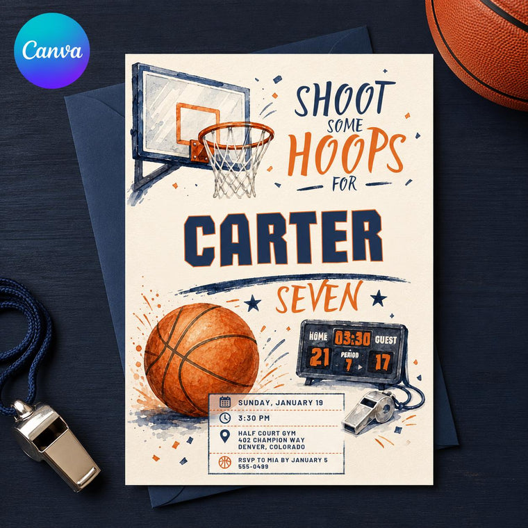 Navy and Orange Basketball 7th Birthday Invitation
