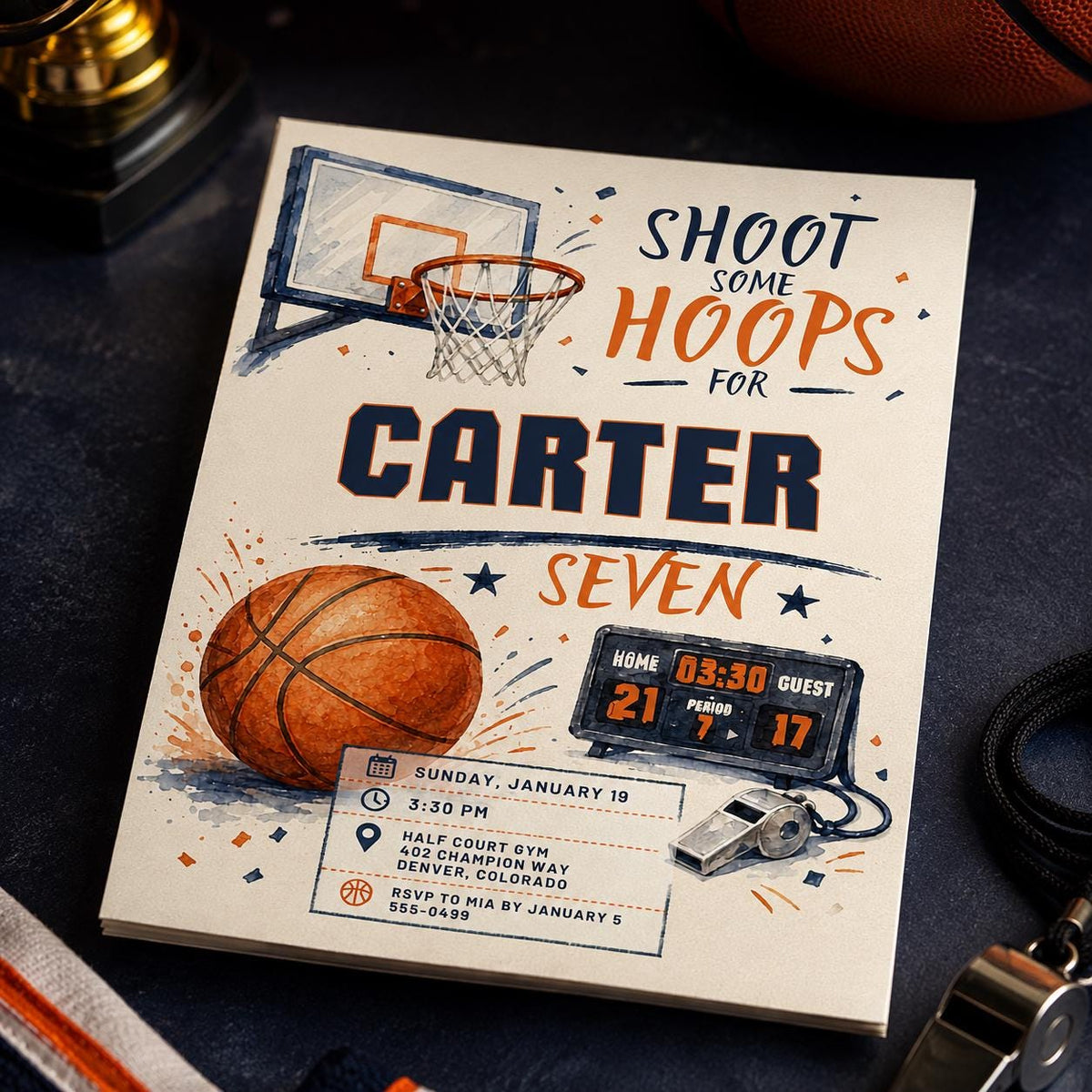 Navy and Orange Basketball 7th Birthday Invitation — digital invitation, instant download