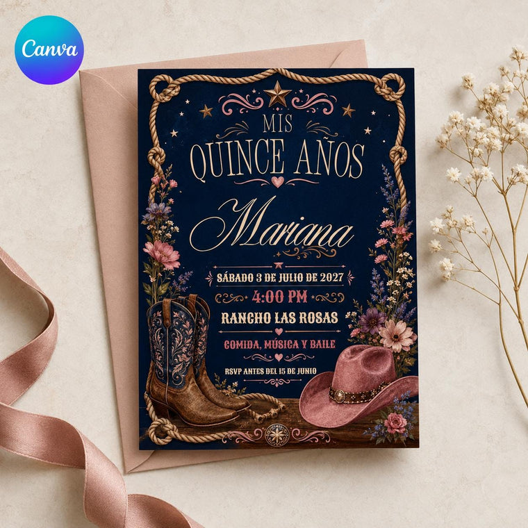 Navy and Pink Western Quinceanera Invitation