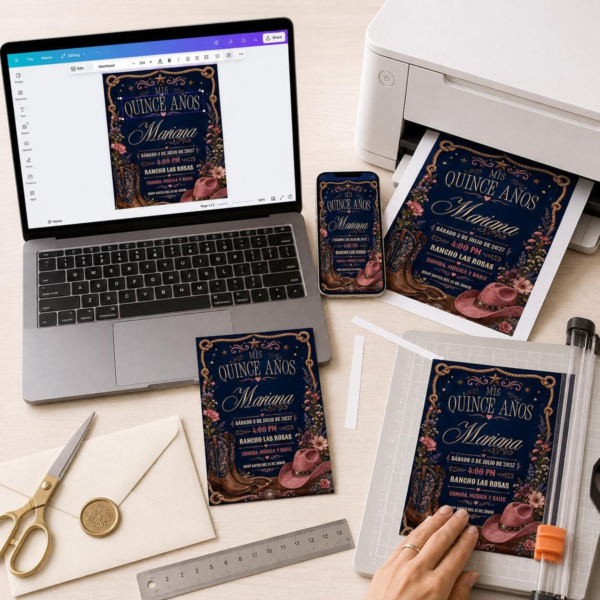 Navy and Pink Western Quinceanera Invitation — invitation you personalize in Canva