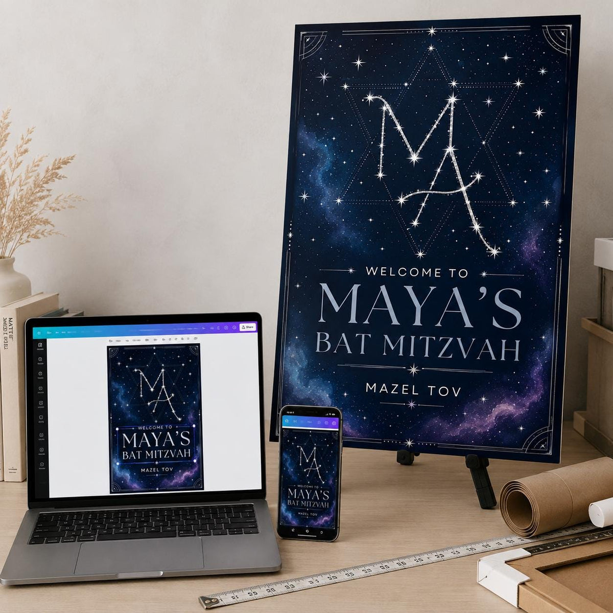 Navy and Silver Bat Mitzvah Welcome Sign — print-ready bat mitzvah design from VoltBy