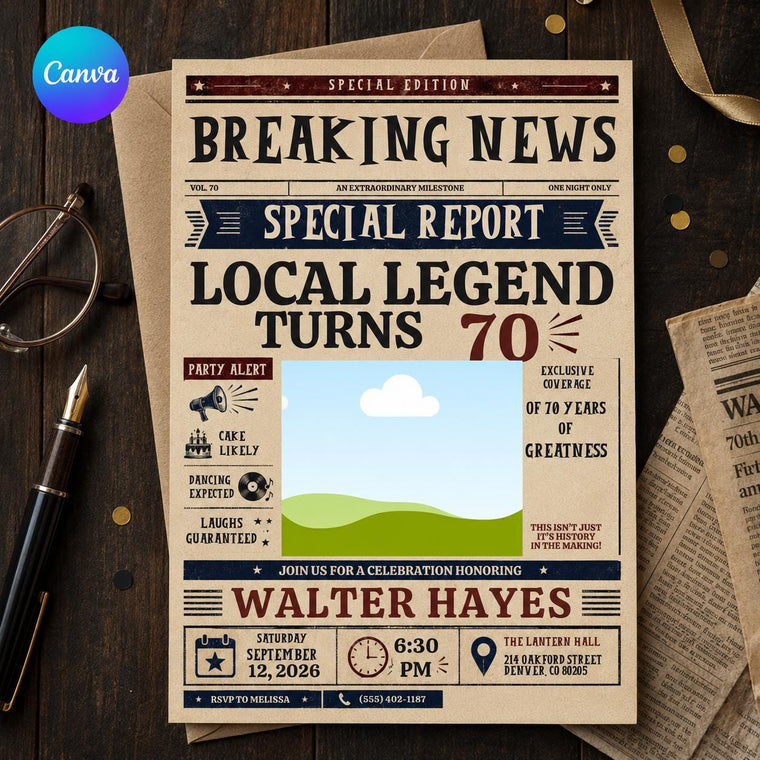 Navy Local Legend Newspaper 70th Birthday Photo Invitation