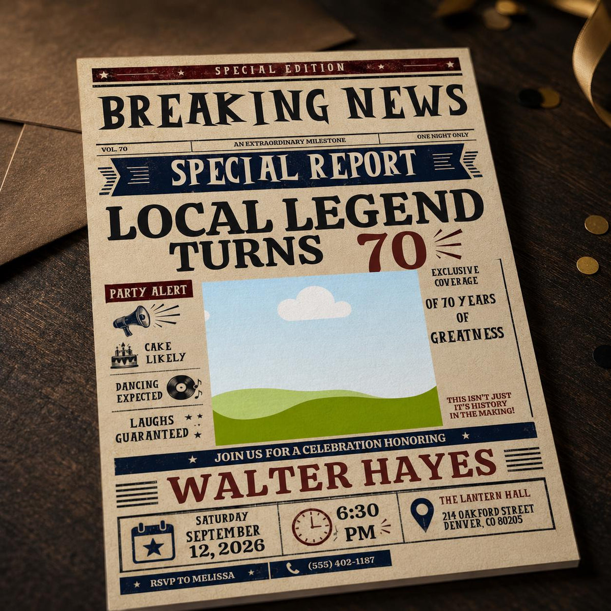 Navy Local Legend Newspaper 70th Birthday Photo Invitation — print-ready 70th birthday party design from VoltBy