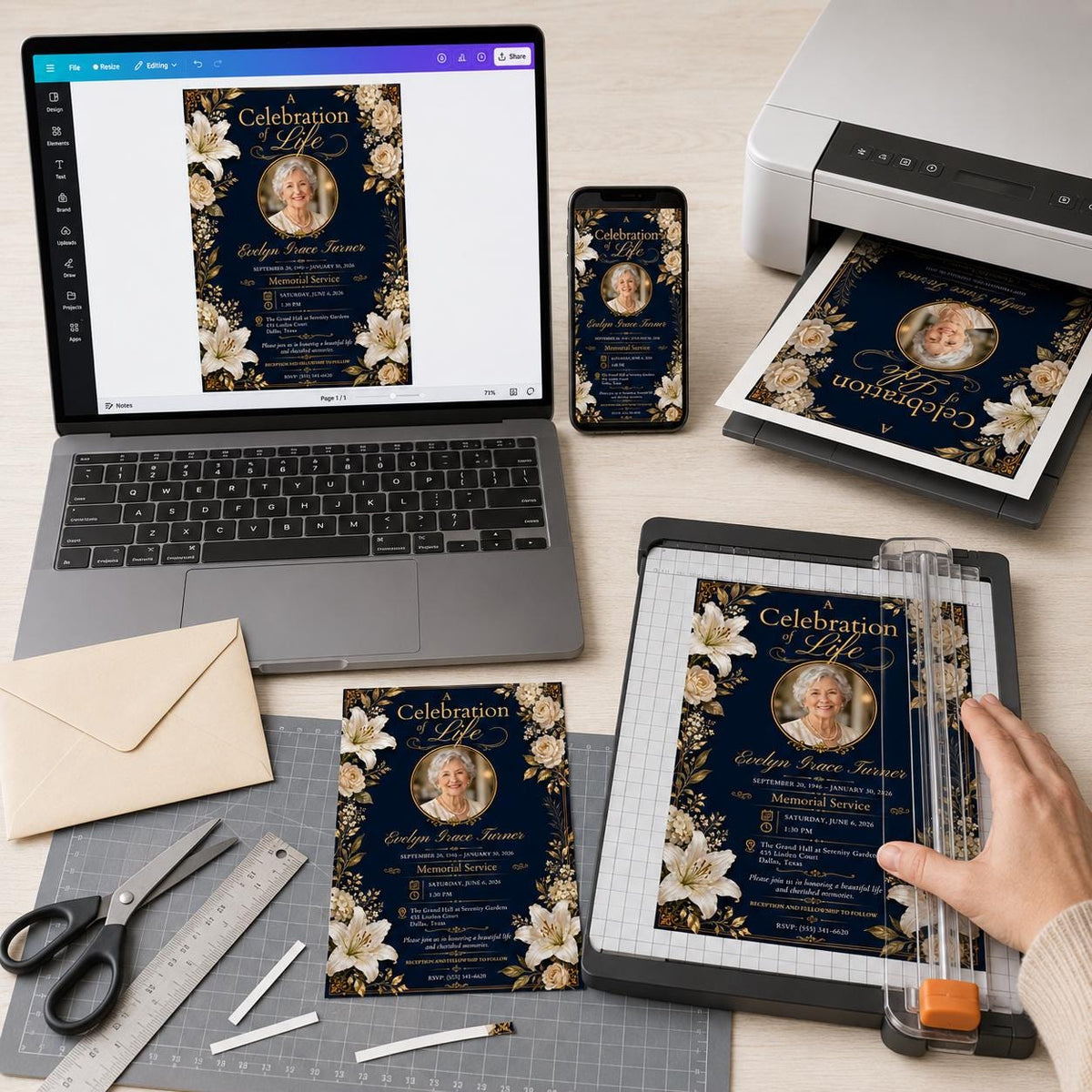 Navy Oval Photo Celebration of Life Invitation — rose artwork in gold