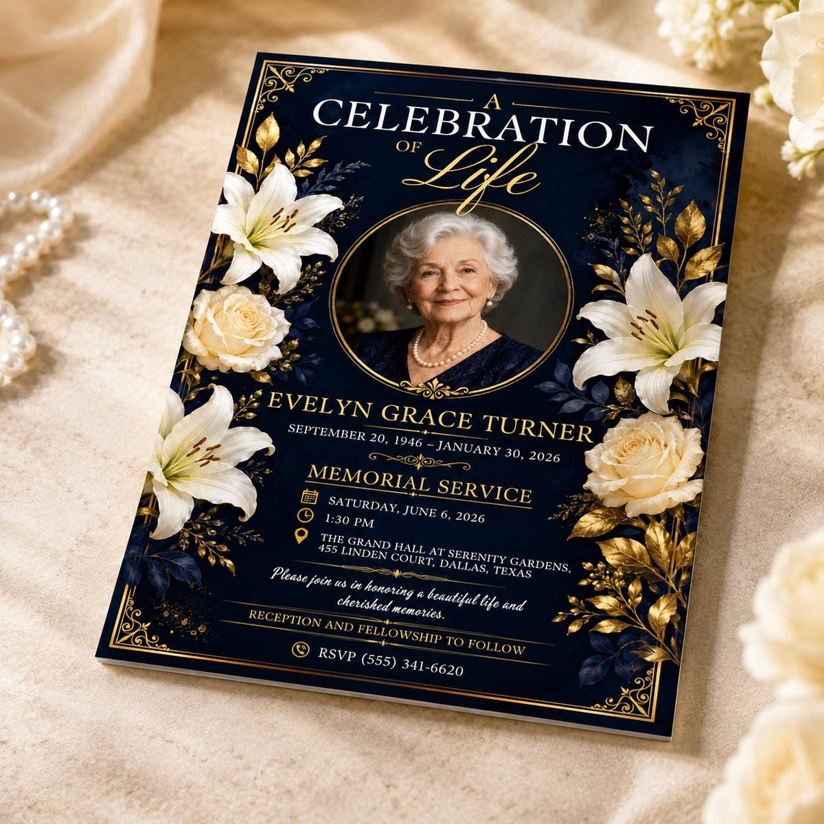 Navy Round Photo Celebration of Life Invitation — digital invitation, instant download