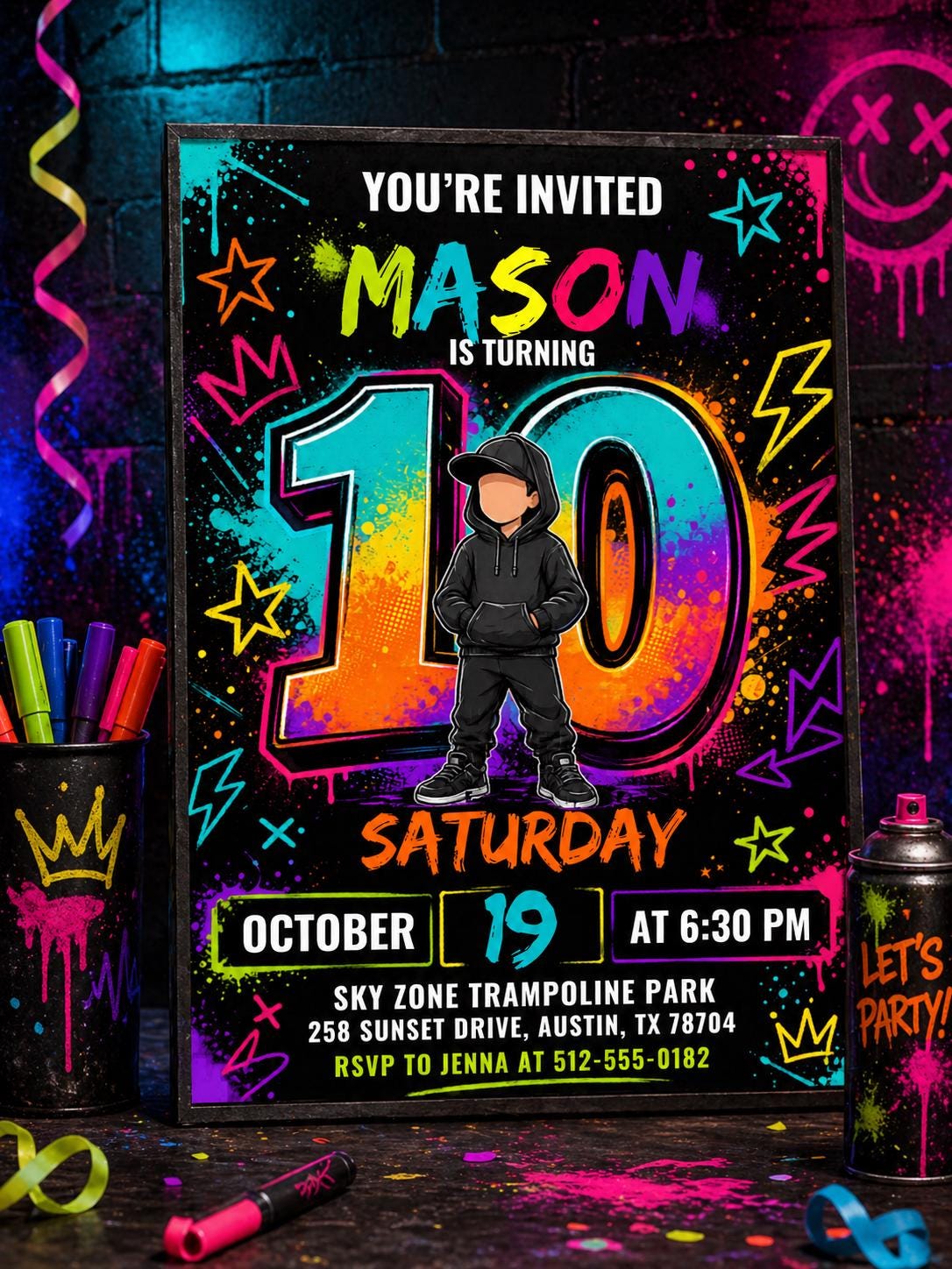 Neon 10th Birthday Invitation for Boys — 10th birthday party stationery by VoltBy