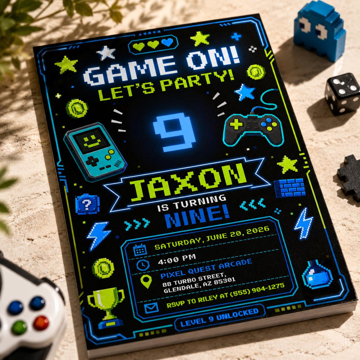 Neon 9th Birthday Gamer Invitation for Boys — digital invitation, instant download