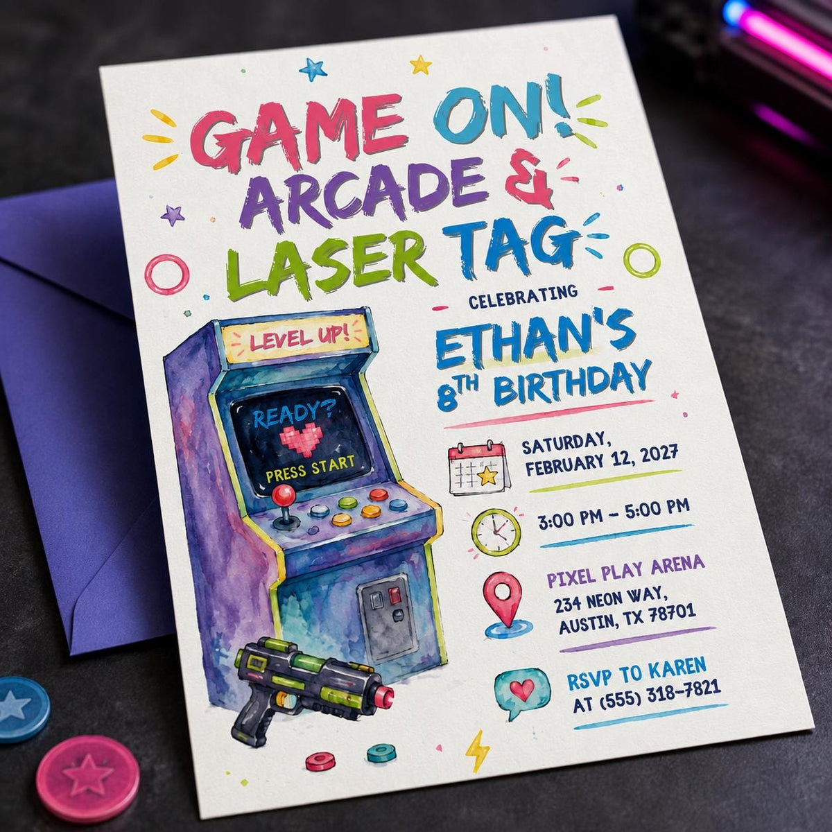 Neon Arcade Laser Tag 8th Birthday Invitation — digital invitation, instant download