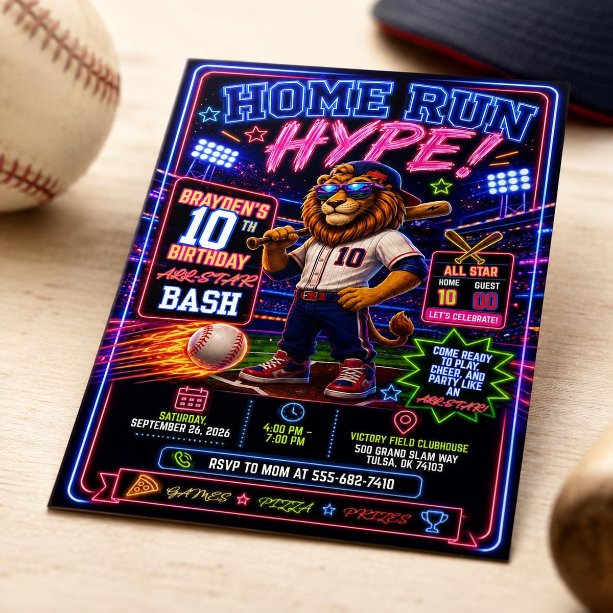 Neon Baseball 10th Birthday Invitation — digital invitation, instant download