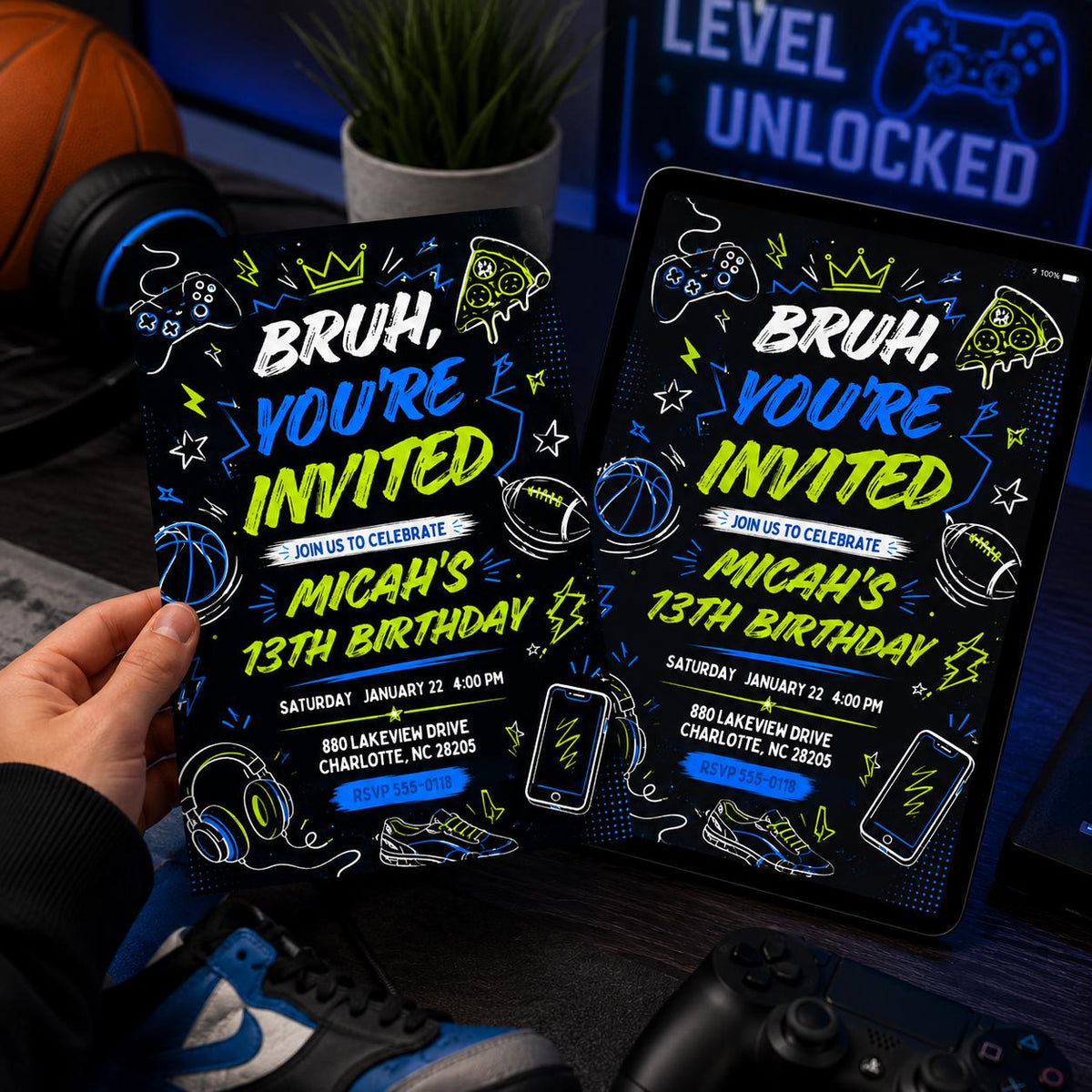 Neon Bruh 13th Birthday Invitation for Boys — digital invitation, instant download