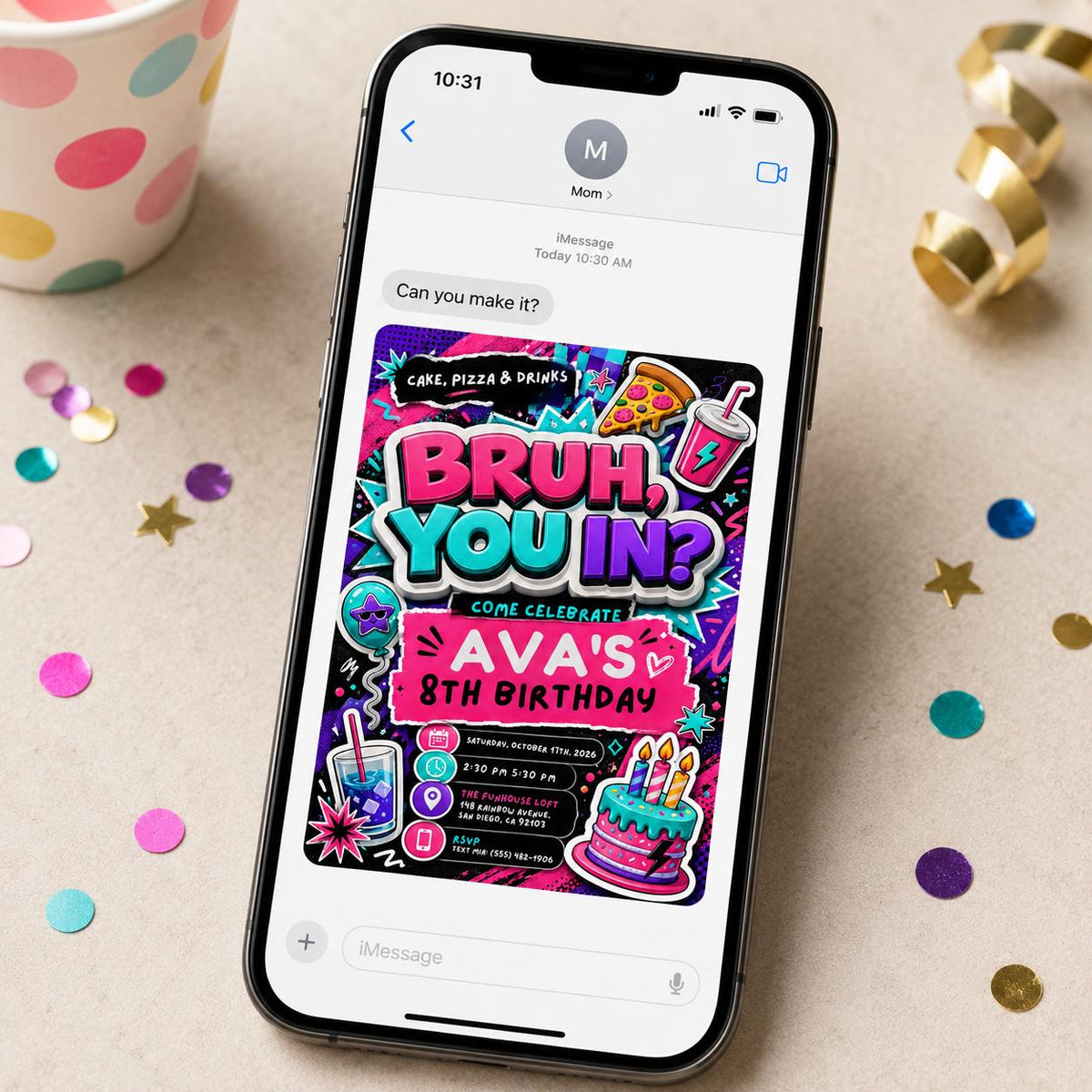 Neon Bruh 8th Birthday Invitation for Girls — digital invitation, instant download