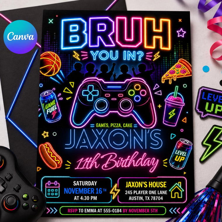Neon Bruh Gaming 11th Birthday Invitation