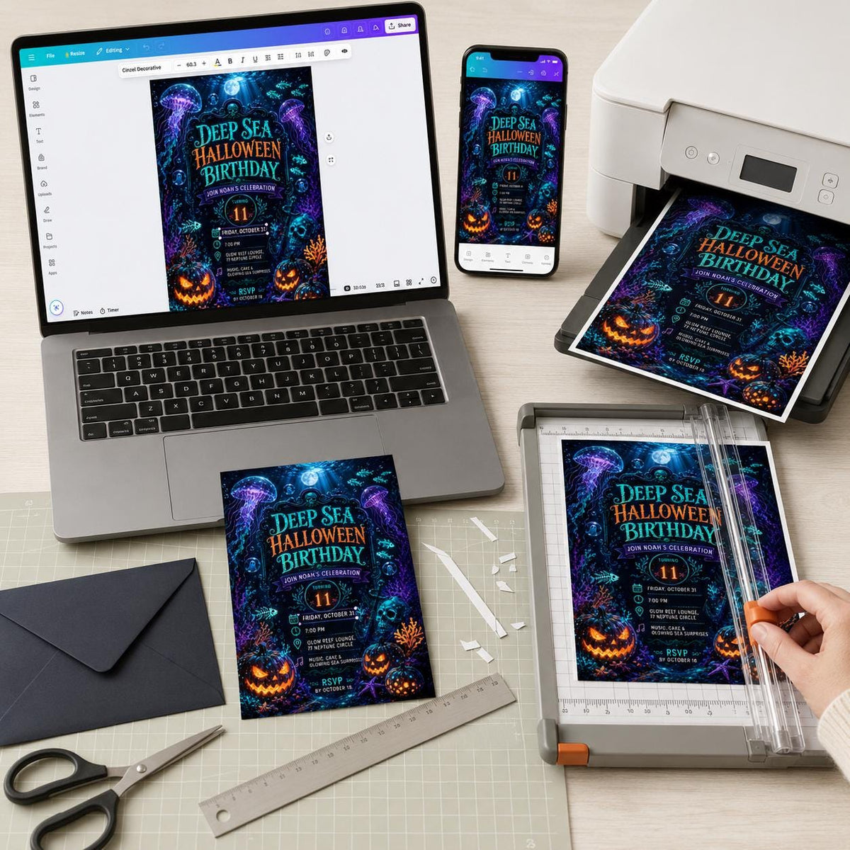 Neon Deep Sea Halloween 11th Birthday Invitation — digital invitation, instant download