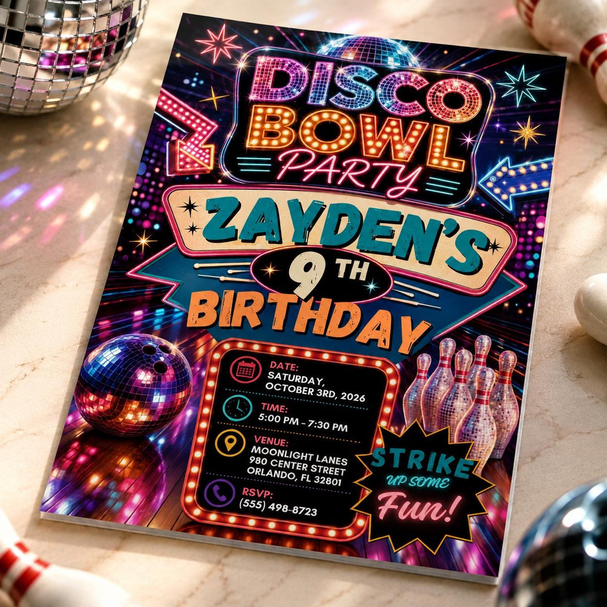 Neon Disco Bowling 9th Birthday Invitation — digital invitation, instant download